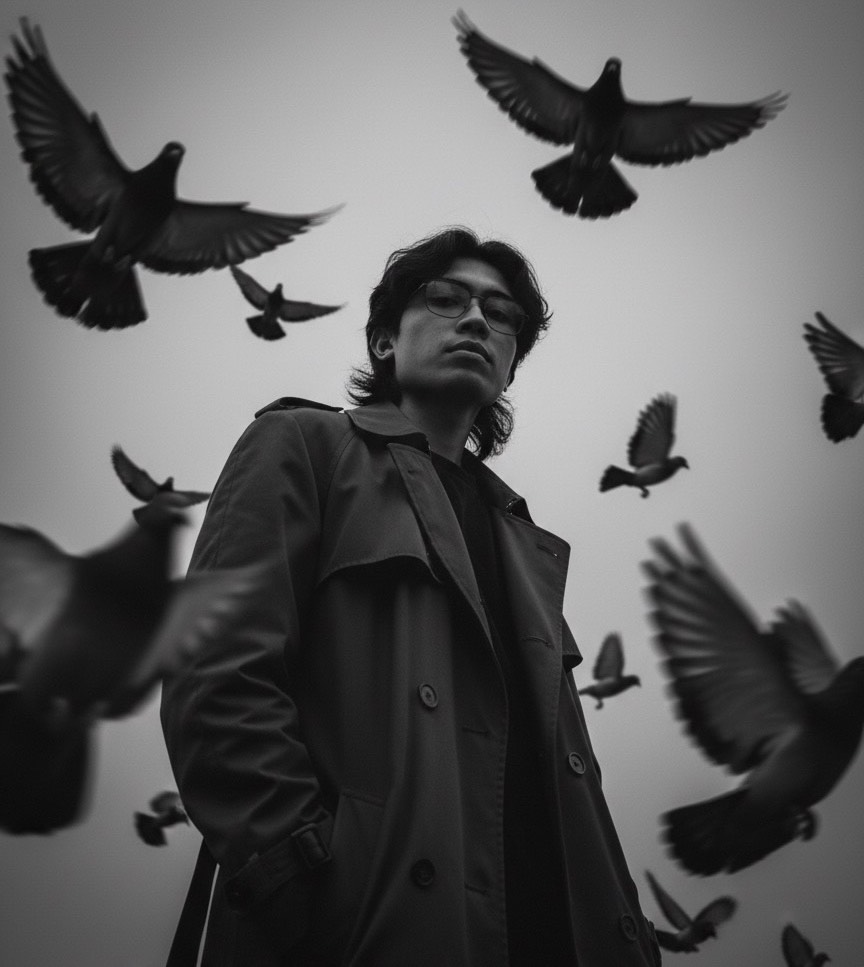 M Rival Setiawan in a dark coat surrounded by birds
