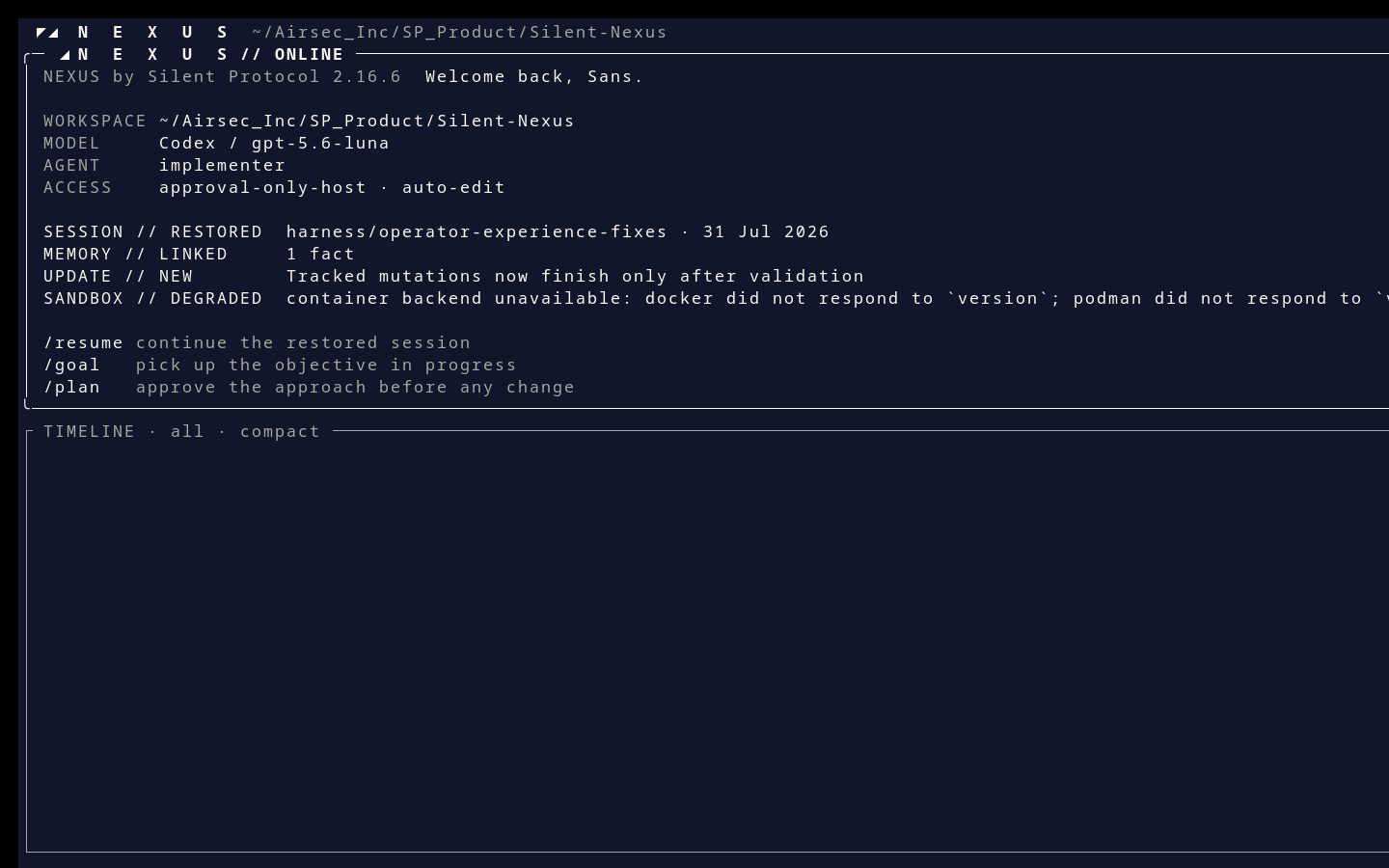 Silent Nexus 2.16.6 CLI welcome screen running in a terminal