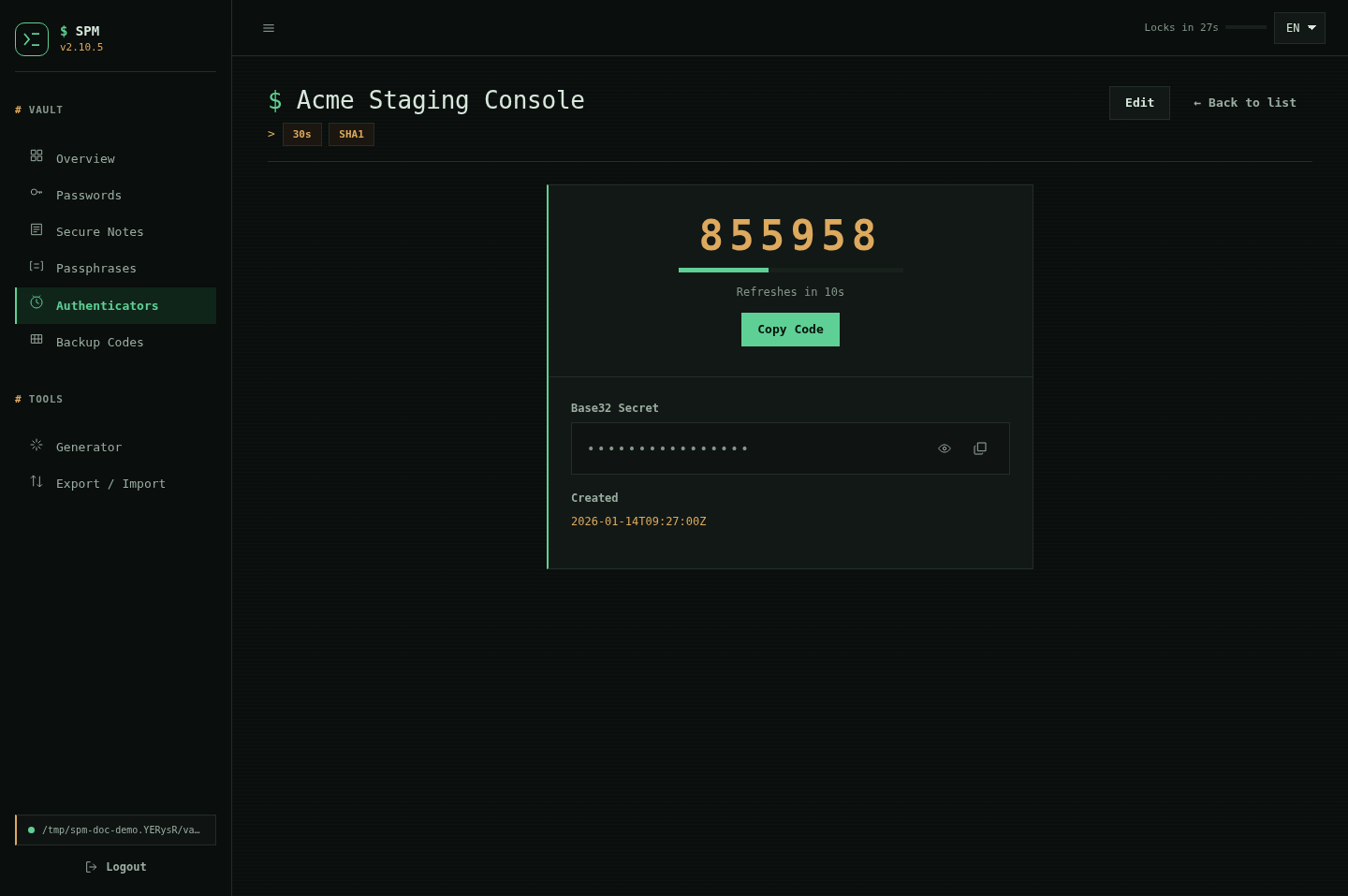 Sans Password Manager authenticator code view
