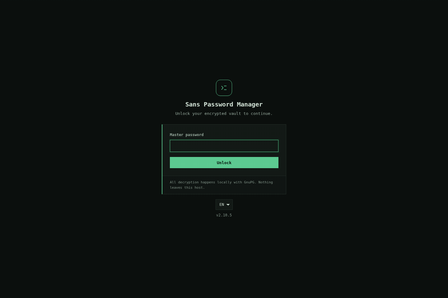 Sans Password Manager local vault login screen