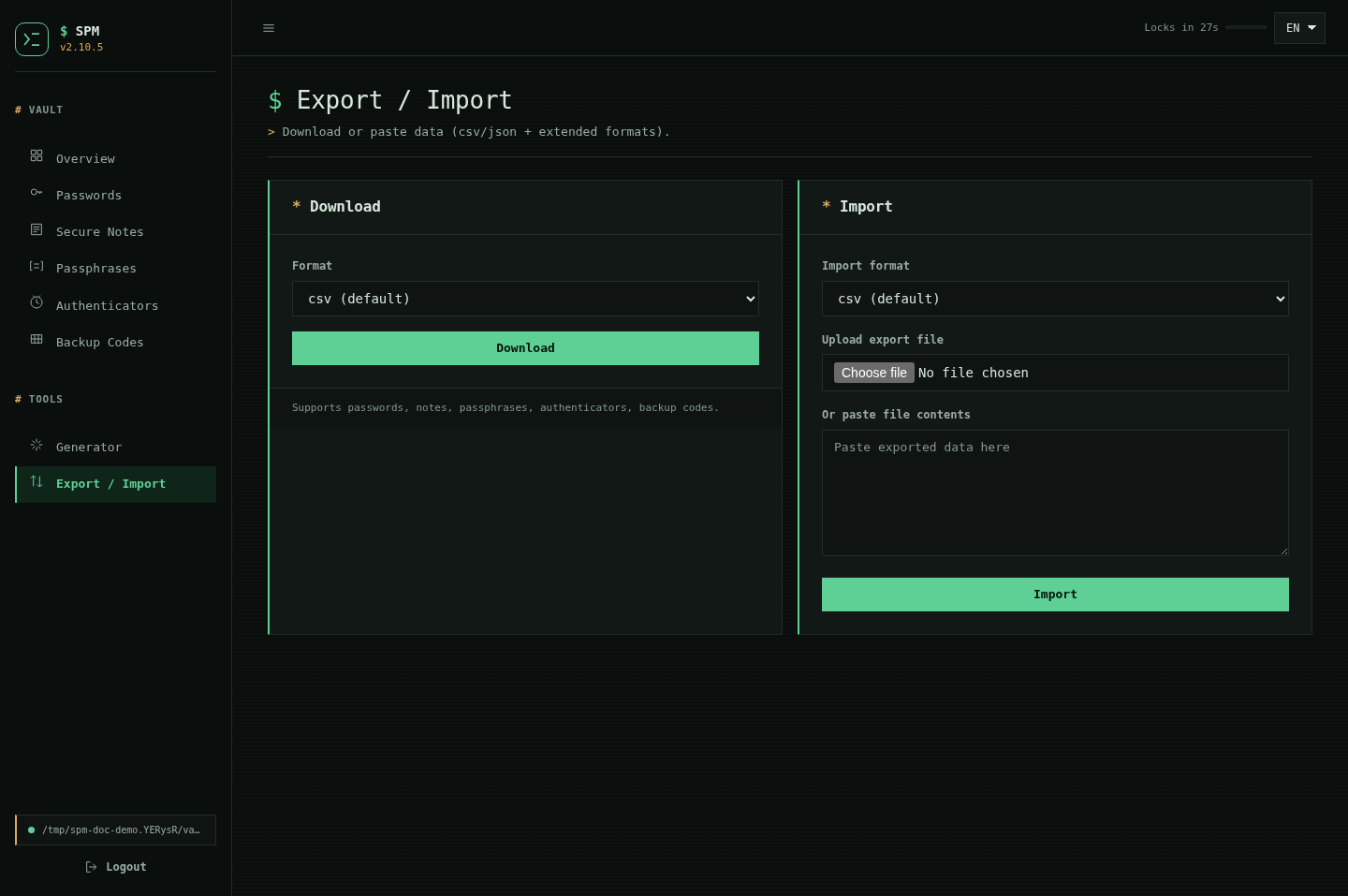 Sans Password Manager import and export transfer screen
